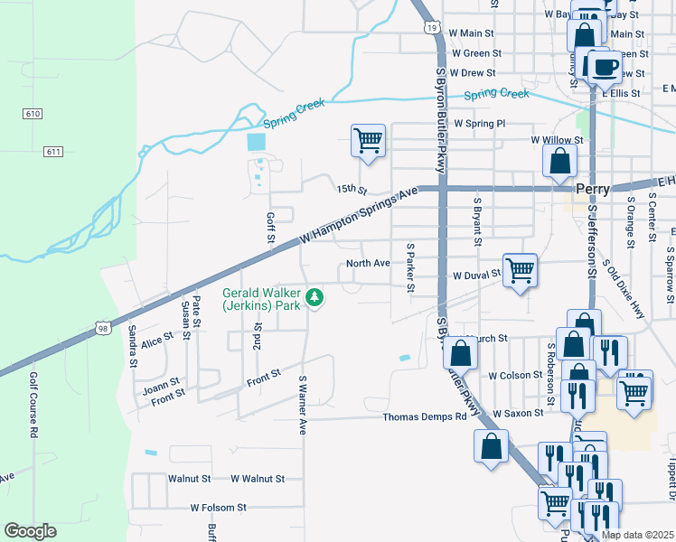 map of restaurants, bars, coffee shops, grocery stores, and more near 5th Street in Perry