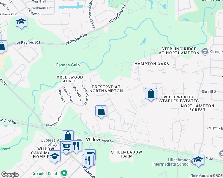 map of restaurants, bars, coffee shops, grocery stores, and more near 24015 Schults Meadow Lane in Spring