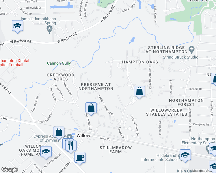 map of restaurants, bars, coffee shops, grocery stores, and more near Schults Meadow Lane in Spring