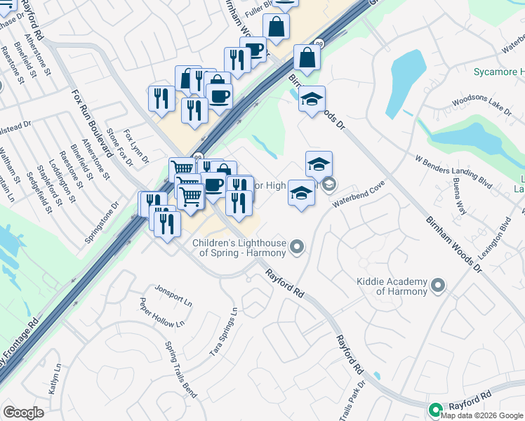 map of restaurants, bars, coffee shops, grocery stores, and more near 2802 Lockeridge Pines Drive in Spring