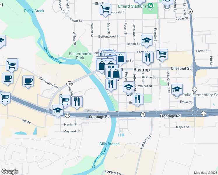map of restaurants, bars, coffee shops, grocery stores, and more near 712 Main Street in Bastrop