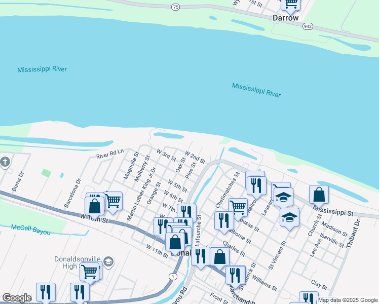 map of restaurants, bars, coffee shops, grocery stores, and more near 107 West 2nd Street in Donaldsonville