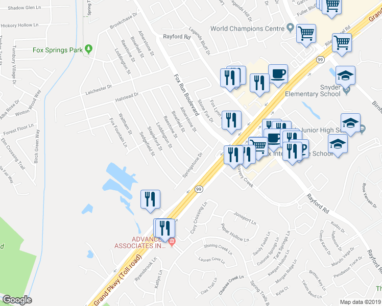 map of restaurants, bars, coffee shops, grocery stores, and more near 28710 Raestone Street in Spring