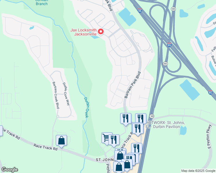 map of restaurants, bars, coffee shops, grocery stores, and more near 14903 Corklan Branch Circle in Jacksonville