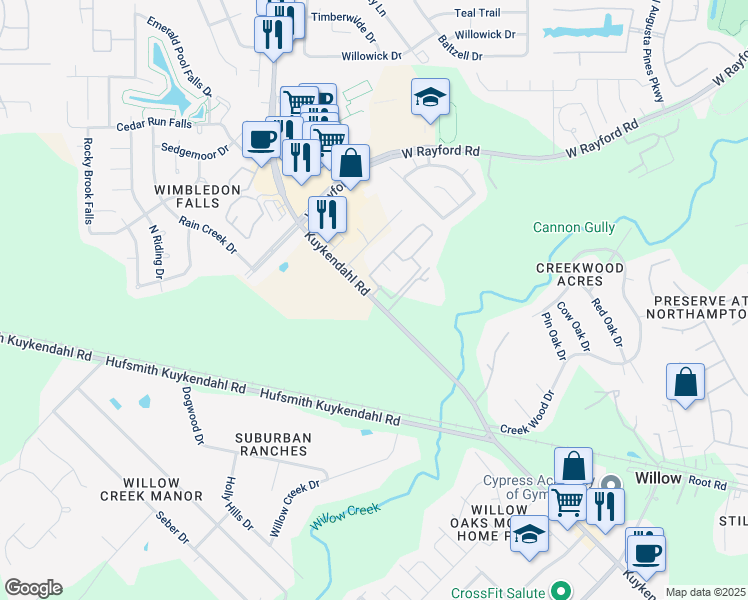 map of restaurants, bars, coffee shops, grocery stores, and more near 23902 Kuykendahl Road in Tomball