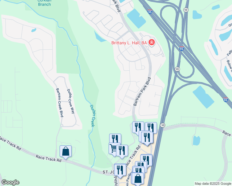 map of restaurants, bars, coffee shops, grocery stores, and more near 14903 Corklan Branch Circle in Jacksonville