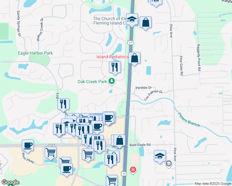 map of restaurants, bars, coffee shops, grocery stores, and more near 1780 Denmark Drive in Orange Park