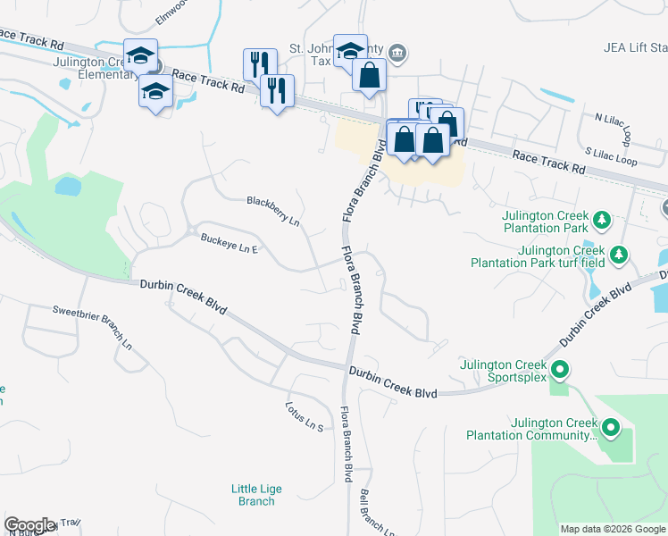 map of restaurants, bars, coffee shops, grocery stores, and more near 1045 Blackberry Lane in Jacksonville