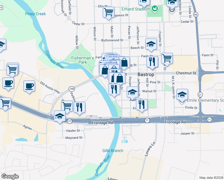 map of restaurants, bars, coffee shops, grocery stores, and more near 712 Main Street in Bastrop