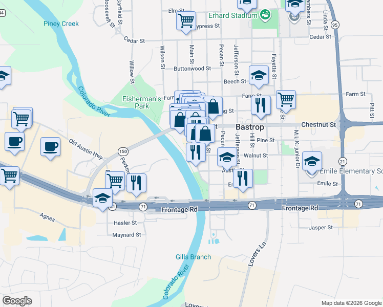 map of restaurants, bars, coffee shops, grocery stores, and more near 801 Main Street in Bastrop