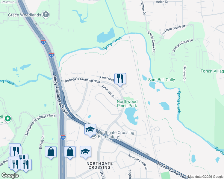 map of restaurants, bars, coffee shops, grocery stores, and more near 1019 Stillgate Court in Spring