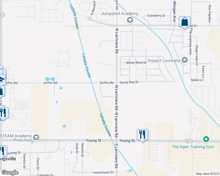 map of restaurants, bars, coffee shops, grocery stores, and more near 309 North Larriviere Road in Broussard
