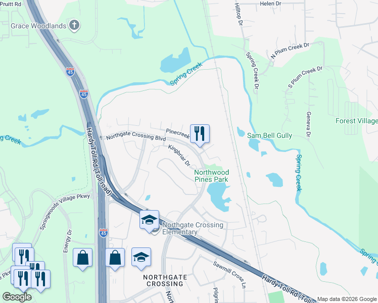 map of restaurants, bars, coffee shops, grocery stores, and more near 1019 Stillgate Court in Spring