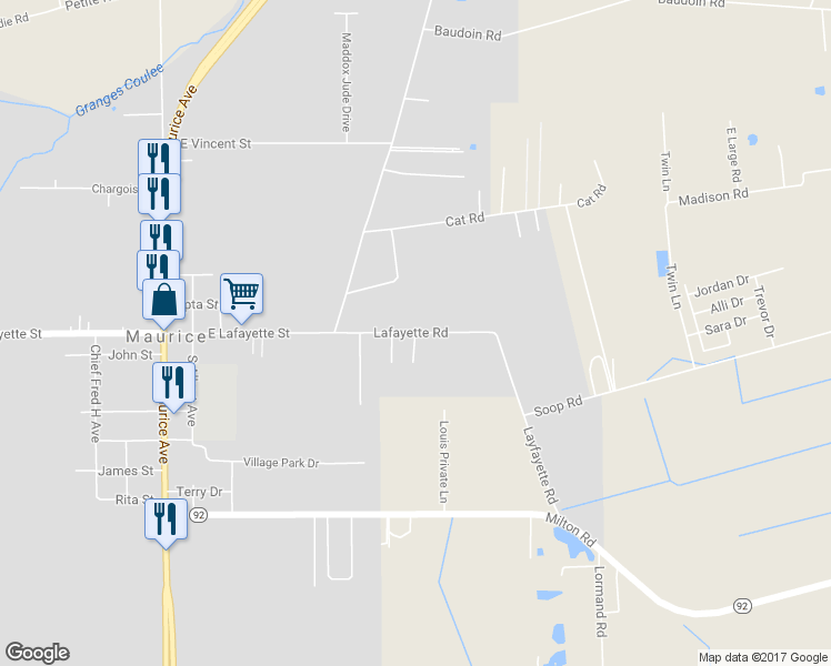 map of restaurants, bars, coffee shops, grocery stores, and more near Lafayette Road in Maurice