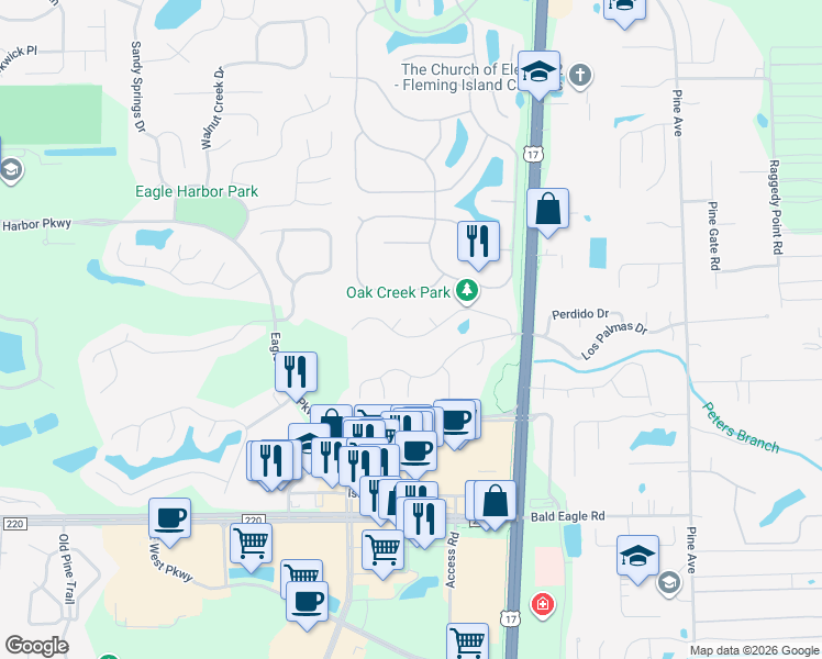 map of restaurants, bars, coffee shops, grocery stores, and more near 1797 Castille Drive in Orange Park