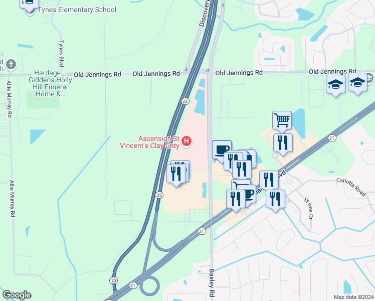 map of restaurants, bars, coffee shops, grocery stores, and more near 1670 Saint Vincents Way in Middleburg