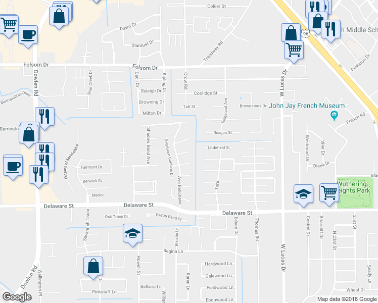 map of restaurants, bars, coffee shops, grocery stores, and more near 2612 Ashland Lane in Beaumont