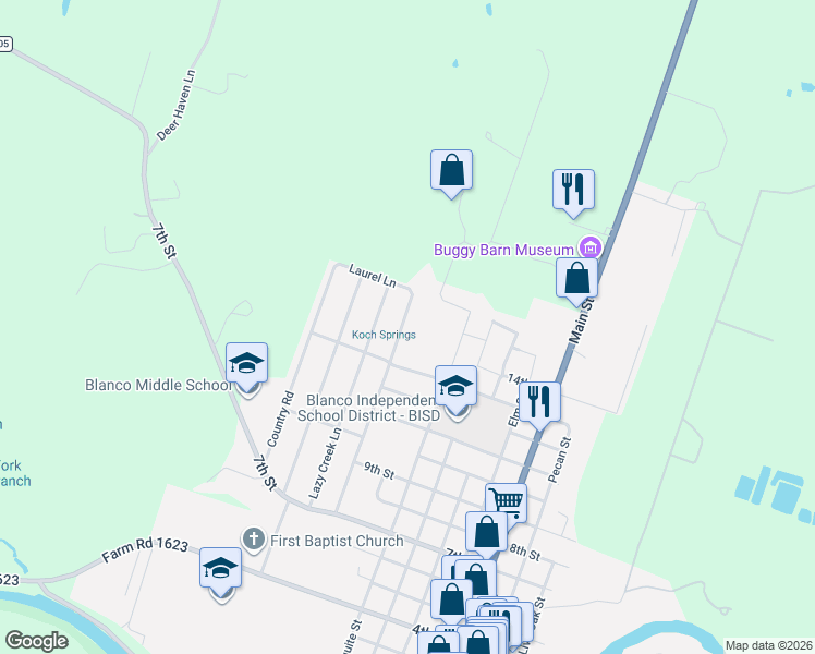map of restaurants, bars, coffee shops, grocery stores, and more near 1510 Greenlawn Parkway in Blanco