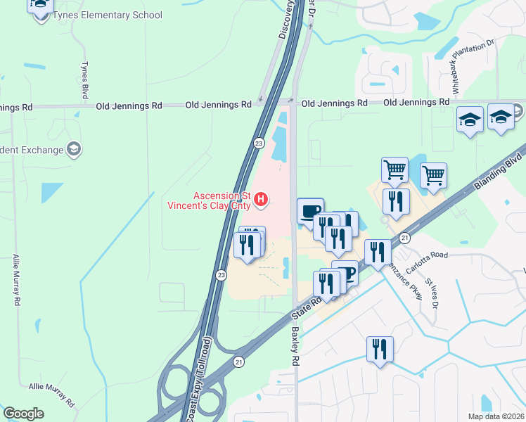 map of restaurants, bars, coffee shops, grocery stores, and more near 1670 Saint Vincents Way in Middleburg