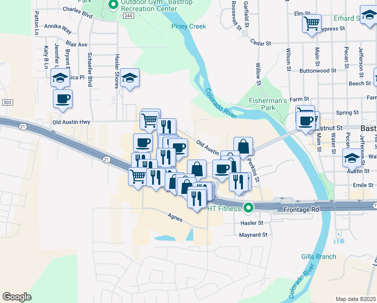 map of restaurants, bars, coffee shops, grocery stores, and more near 423 Old Austin Highway in Bastrop