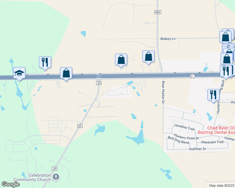 map of restaurants, bars, coffee shops, grocery stores, and more near 689 Texas 71 in Bastrop