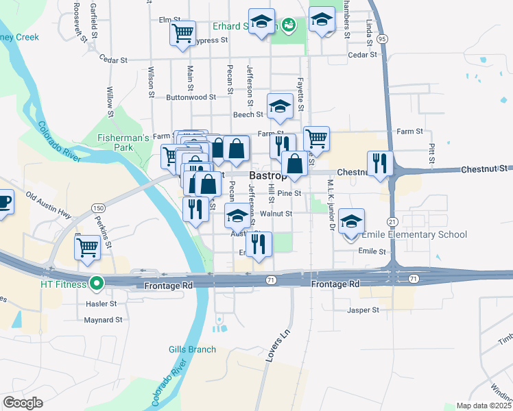 map of restaurants, bars, coffee shops, grocery stores, and more near 803 Jefferson Street in Bastrop