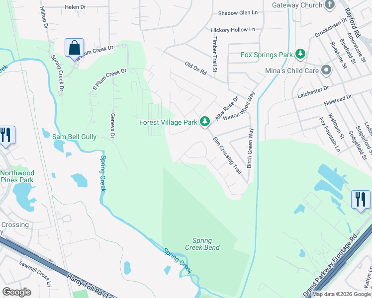 map of restaurants, bars, coffee shops, grocery stores, and more near 29434 Ridge Clearing Trail in Spring
