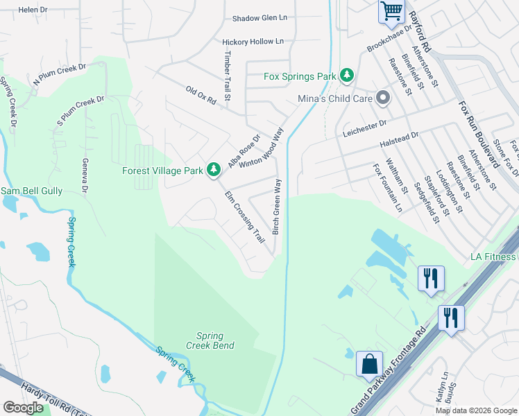 map of restaurants, bars, coffee shops, grocery stores, and more near 2549 Hallmark Oak Street in Spring