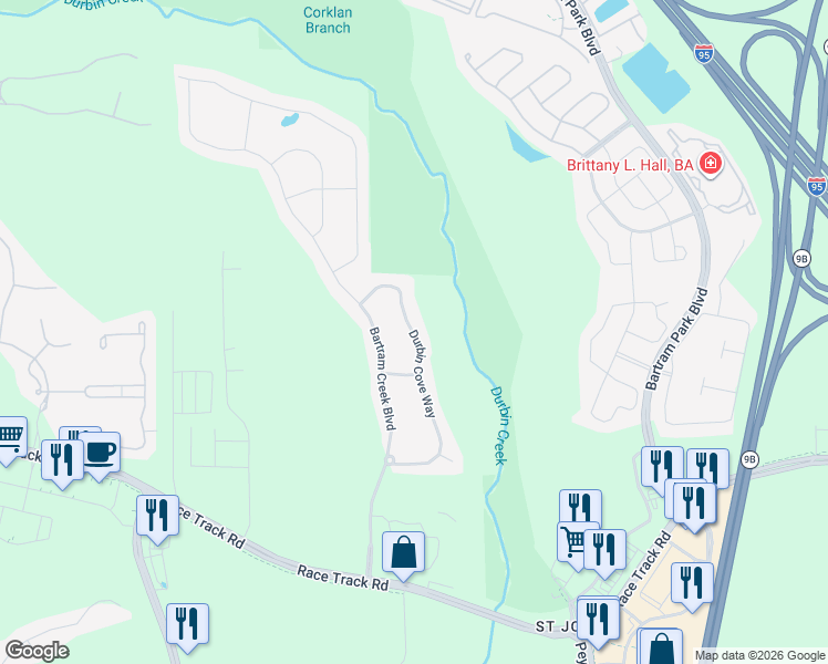 map of restaurants, bars, coffee shops, grocery stores, and more near 14922 Durbin Cove Way in Jacksonville