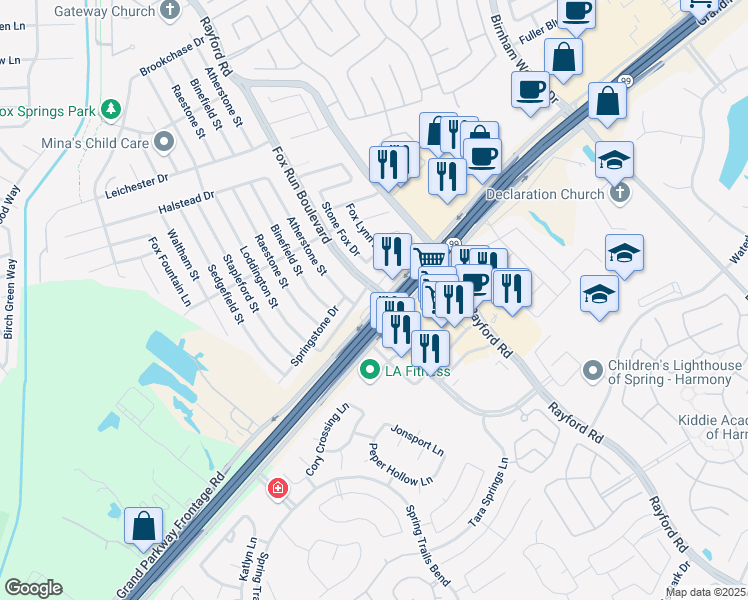 map of restaurants, bars, coffee shops, grocery stores, and more near 2659 Riley Fuzzel Road in Spring