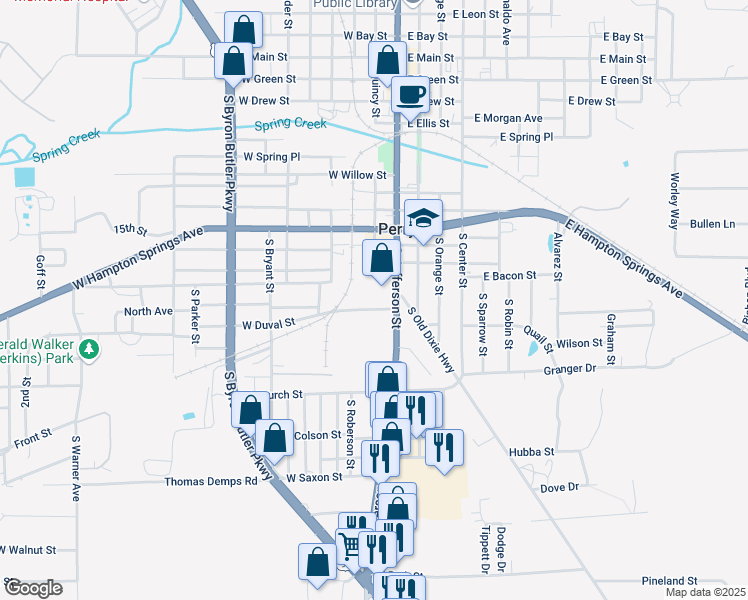 map of restaurants, bars, coffee shops, grocery stores, and more near 1225 South Jefferson Street in Perry