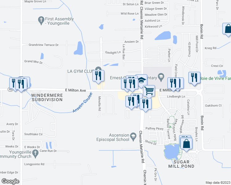 map of restaurants, bars, coffee shops, grocery stores, and more near 2770 East Milton Avenue in Youngsville