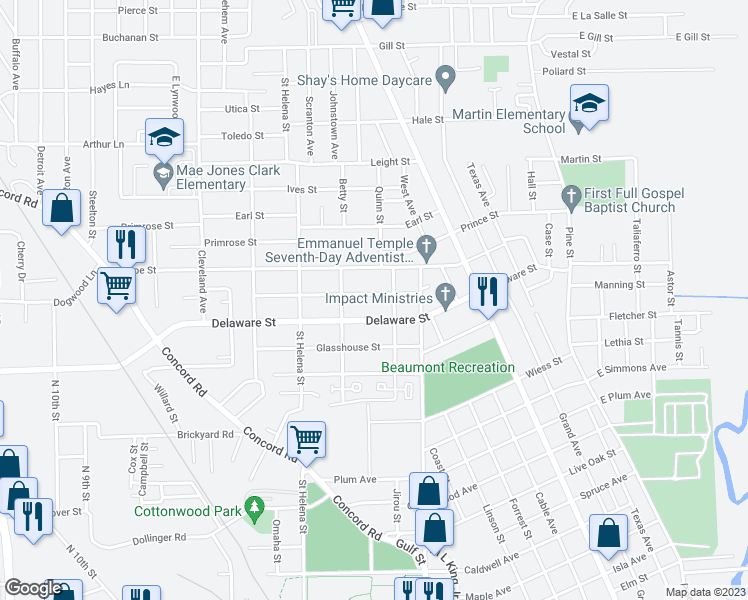map of restaurants, bars, coffee shops, grocery stores, and more near 1775 Tulane Street in Beaumont