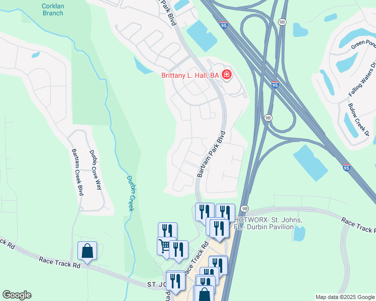 map of restaurants, bars, coffee shops, grocery stores, and more near Rain Lily Street in Jacksonville