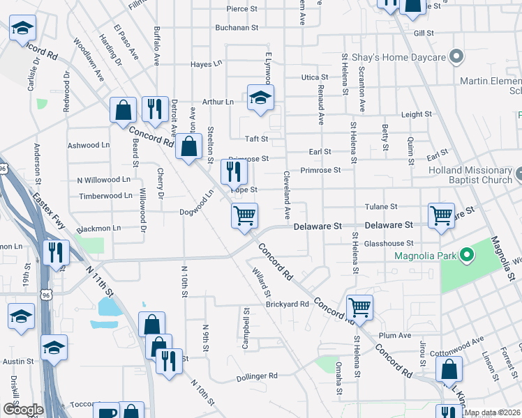 map of restaurants, bars, coffee shops, grocery stores, and more near 3270 Lampassas Street in Beaumont