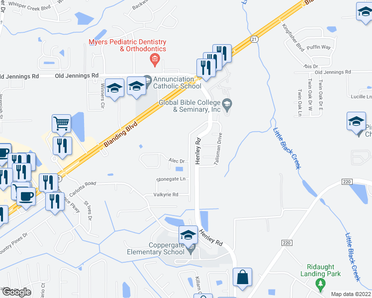 map of restaurants, bars, coffee shops, grocery stores, and more near 3458 Talisman Drive in Middleburg