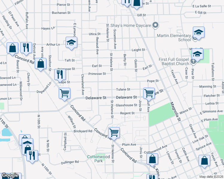 map of restaurants, bars, coffee shops, grocery stores, and more near 3198 Saint Helena Street in Beaumont