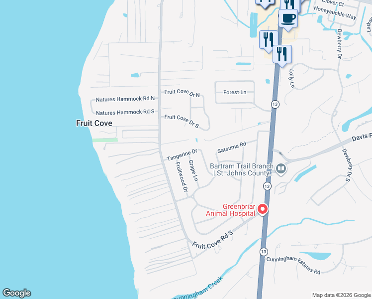 map of restaurants, bars, coffee shops, grocery stores, and more near 1261 Tangerine Drive in Jacksonville
