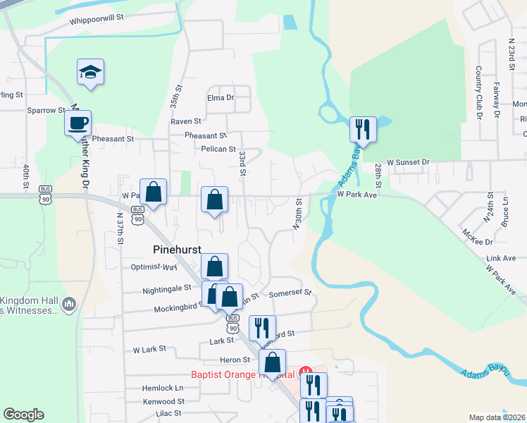 map of restaurants, bars, coffee shops, grocery stores, and more near 3345 West Park Avenue in Orange