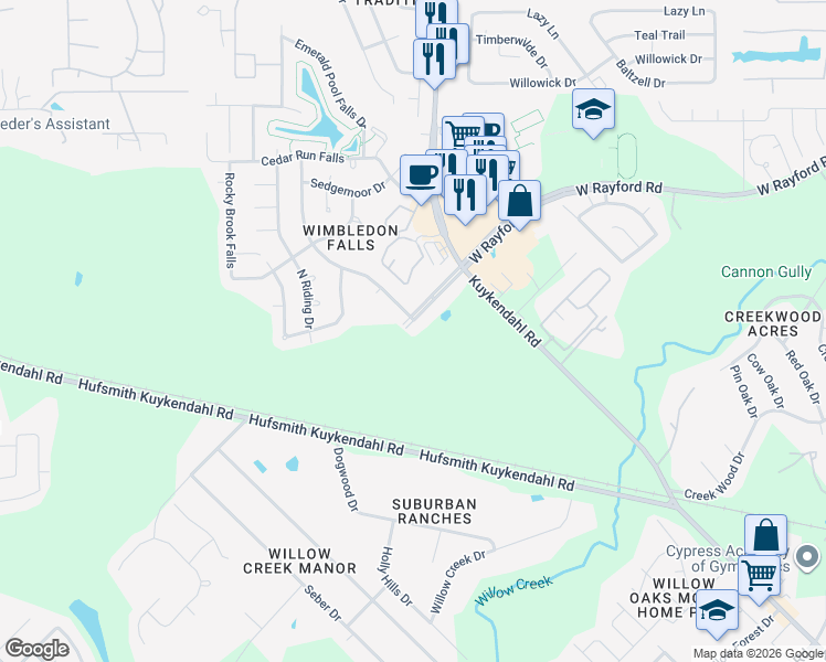 map of restaurants, bars, coffee shops, grocery stores, and more near 24003 Rain Creek Drive in Tomball