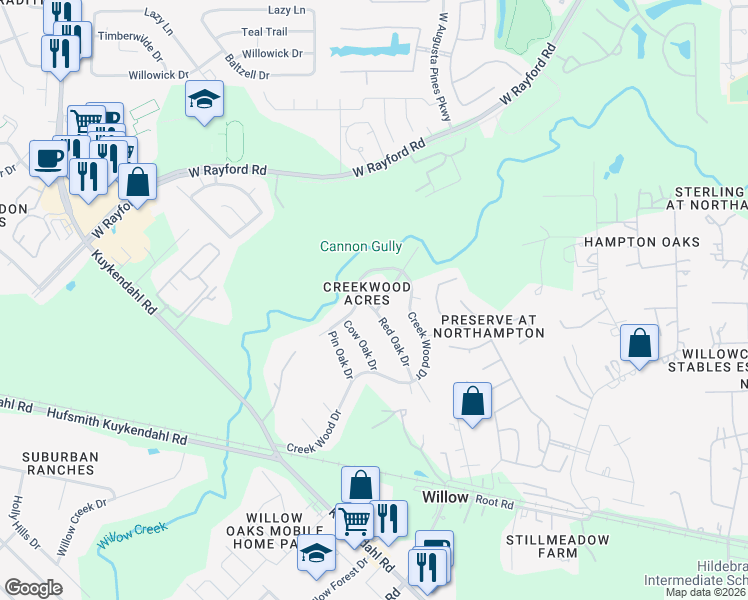 map of restaurants, bars, coffee shops, grocery stores, and more near 23903 Overcup Drive in Spring