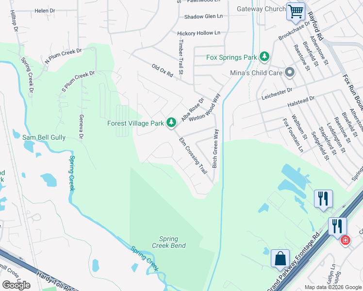 map of restaurants, bars, coffee shops, grocery stores, and more near 2479 Elm Crossing Trail in Spring