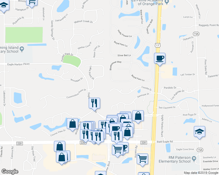 map of restaurants, bars, coffee shops, grocery stores, and more near 1838 Castille Drive in Fleming Island