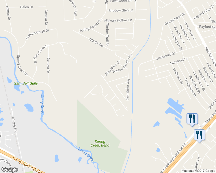 map of restaurants, bars, coffee shops, grocery stores, and more near 2488 Elm Crossing Trail in Spring