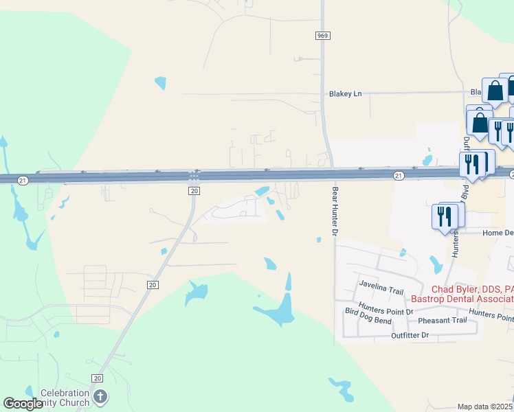 map of restaurants, bars, coffee shops, grocery stores, and more near 689 Texas 71 in Bastrop