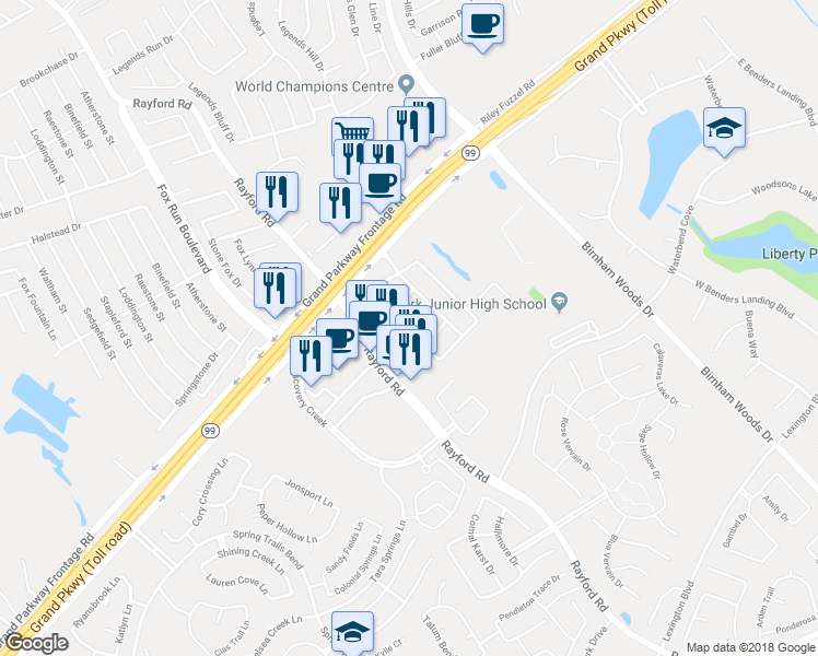 map of restaurants, bars, coffee shops, grocery stores, and more near 2807 Lockeridge Oaks Dr in Spring
