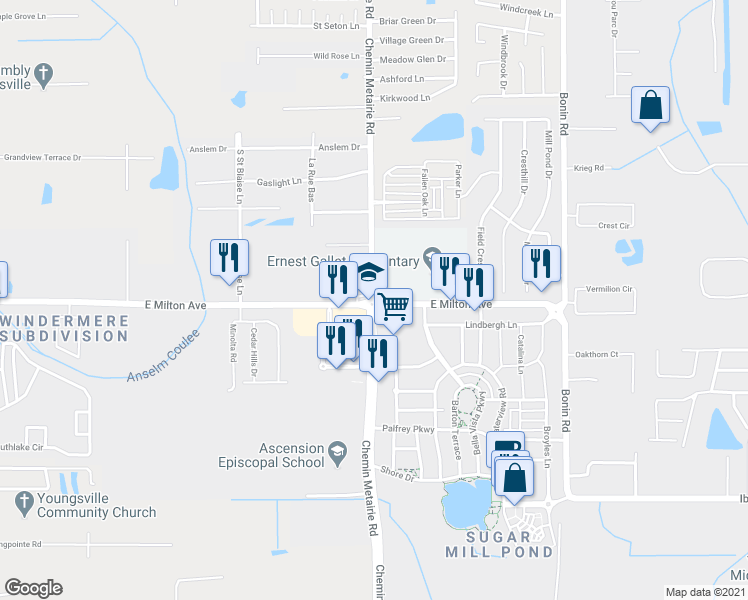 map of restaurants, bars, coffee shops, grocery stores, and more near Chemin Metairie Road in Youngsville