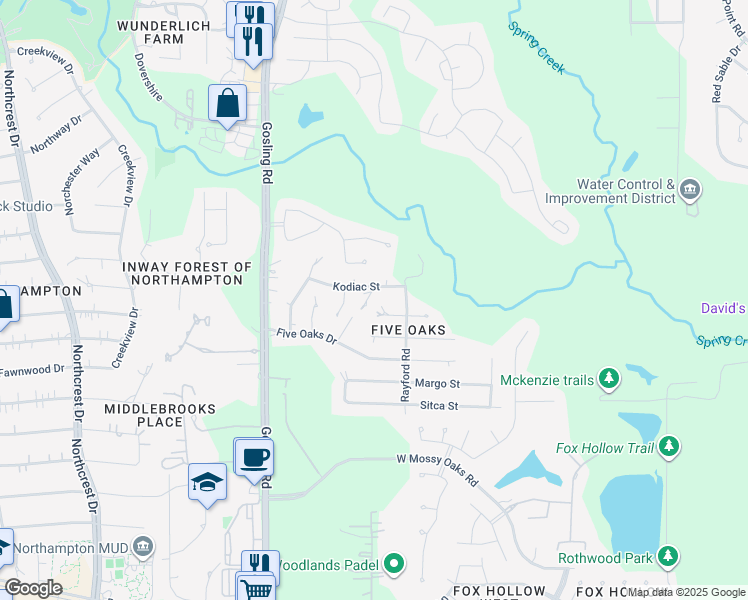 map of restaurants, bars, coffee shops, grocery stores, and more near 23714 Huron Street in Spring
