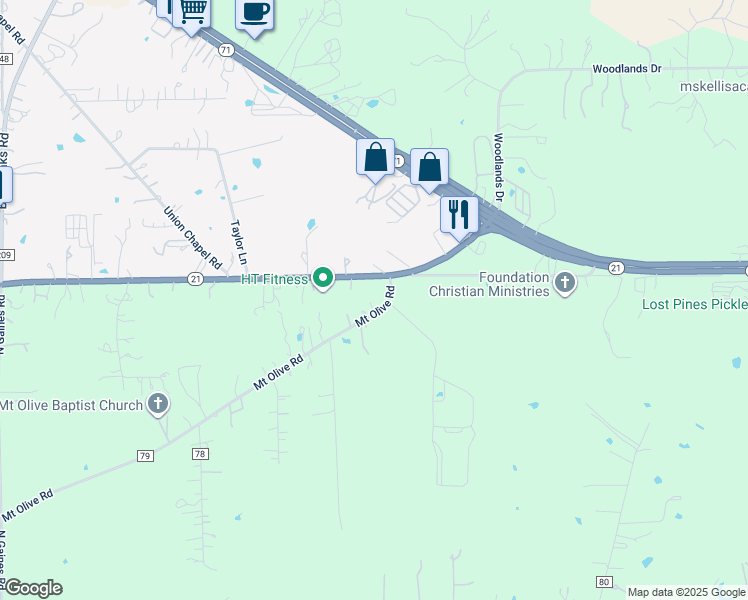 map of restaurants, bars, coffee shops, grocery stores, and more near 122 Mount Olive Road in Cedar Creek