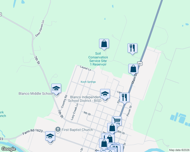 map of restaurants, bars, coffee shops, grocery stores, and more near 1510 Greenlawn Parkway in Blanco
